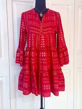 ELAN ~ Red Tiered Ruffled Dress with Metallic Gold Thread Accents Bell Sleeves